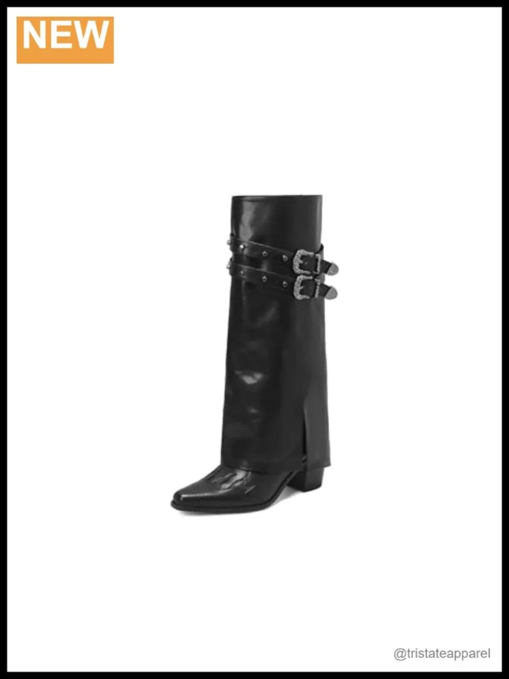 Fold Over Knee High Boots Chunky Block Mid Heel Pull On Tall Boots Wide Calf